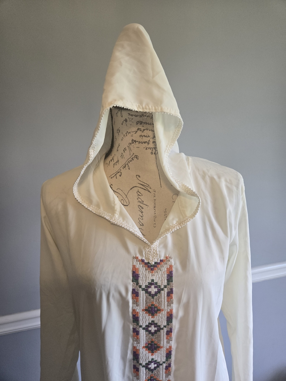 Hooded Embroidered Maxi Dress - Ivory with Multicolor Trim - Picture 5 of 7